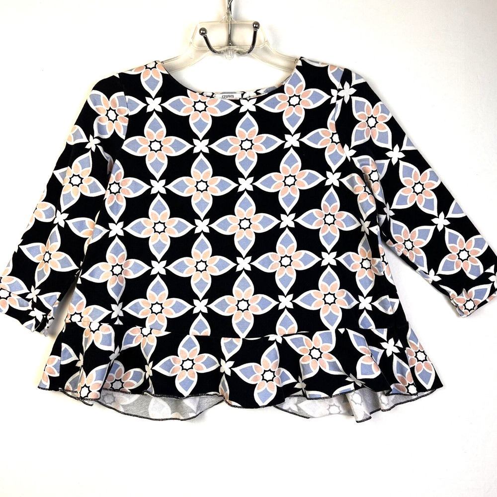 Crown & Ivy Knit Top Women's Medium Petite Plus Blue Floral 3/4 Sleeves Ruffles